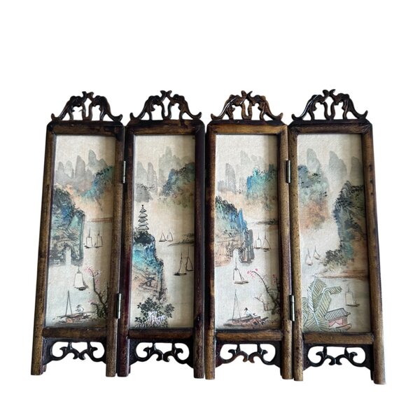Asian Miniature Folding Screen Table Top Divider Screen Dollhouse Decor 4 Panel - Picture 16 of 16